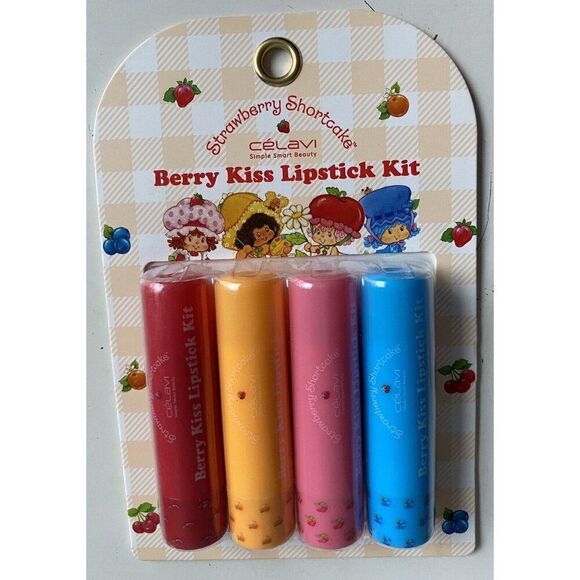 Set Of 4 CELAVI STRAWBERRY SHORTCAKE Berry Kiss LipStick Kit Flavored NEW - Picture 1 of 11